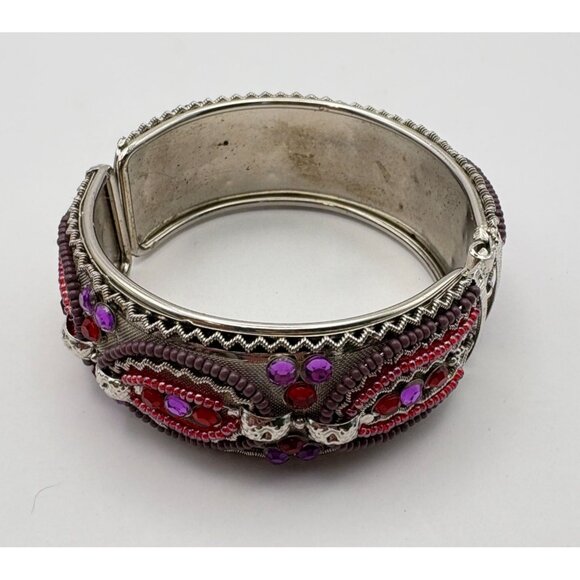 Vintage Hinged Bangle Bracelet Silver Tone With Purple Red Beads Ornate Design - Picture 5 of 8